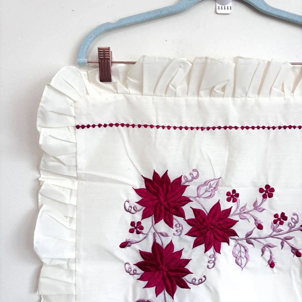Vintage Floral Embroidered Ruffle Cottage Pillow Shams White Red Farmhouse 28X17
